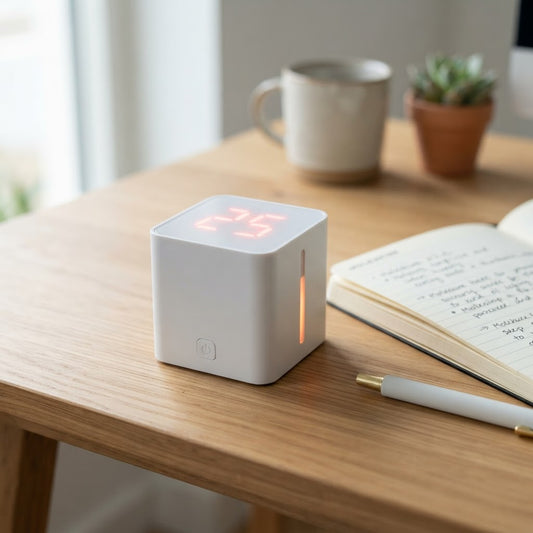 FlipFlow gravity-flip pomodoro timer cube with LED display