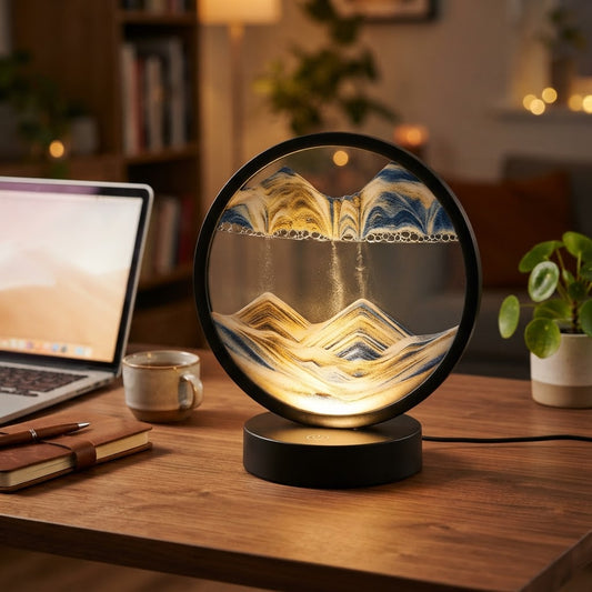 DriftDune 3D Quicksand Sand Art Lamp with layered sand landscape and glowing touch base