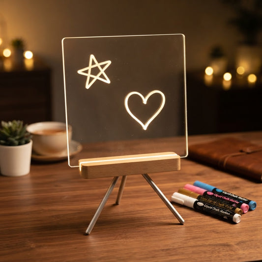 GlowScribe LED memo board glowing with marker pens
